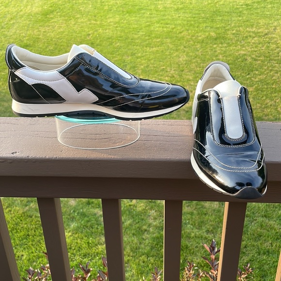 Salvatore Ferragamo Black Patent and White Leather Slip On Sneaker Shoes 10 B - Picture 4 of 16